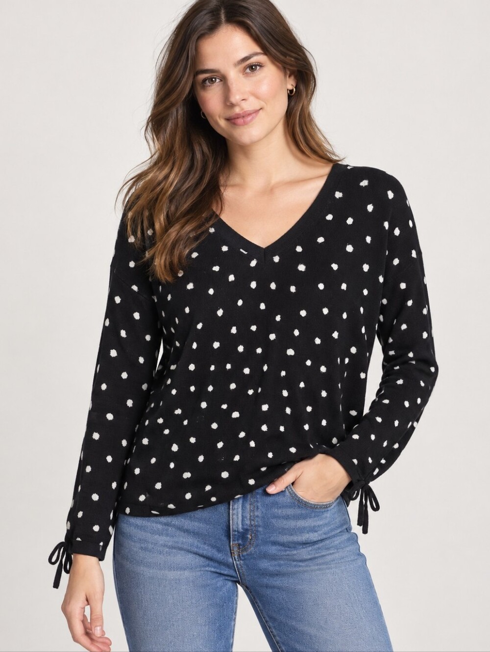 Black White Polka Dot V Neck Sweater Parisian Preppy Coquette Knit Soft Girl S